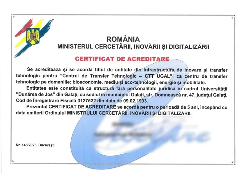Centrul de Transfer Tehnologic al UDJ Galați, reacreditat