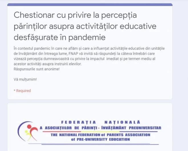 Sondaj printre părinți privind școlarizarea în condiții de pandemie și restricții