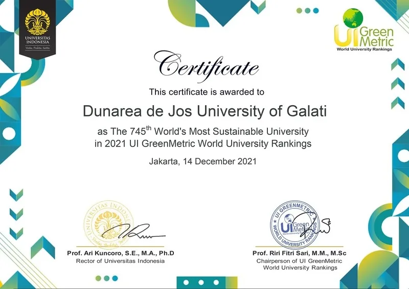 Locul 8 pentru Universitatea „Dunărea de Jos” din Galați în topul universităților românești incluse în UI Green Metric World University Rankings 2021